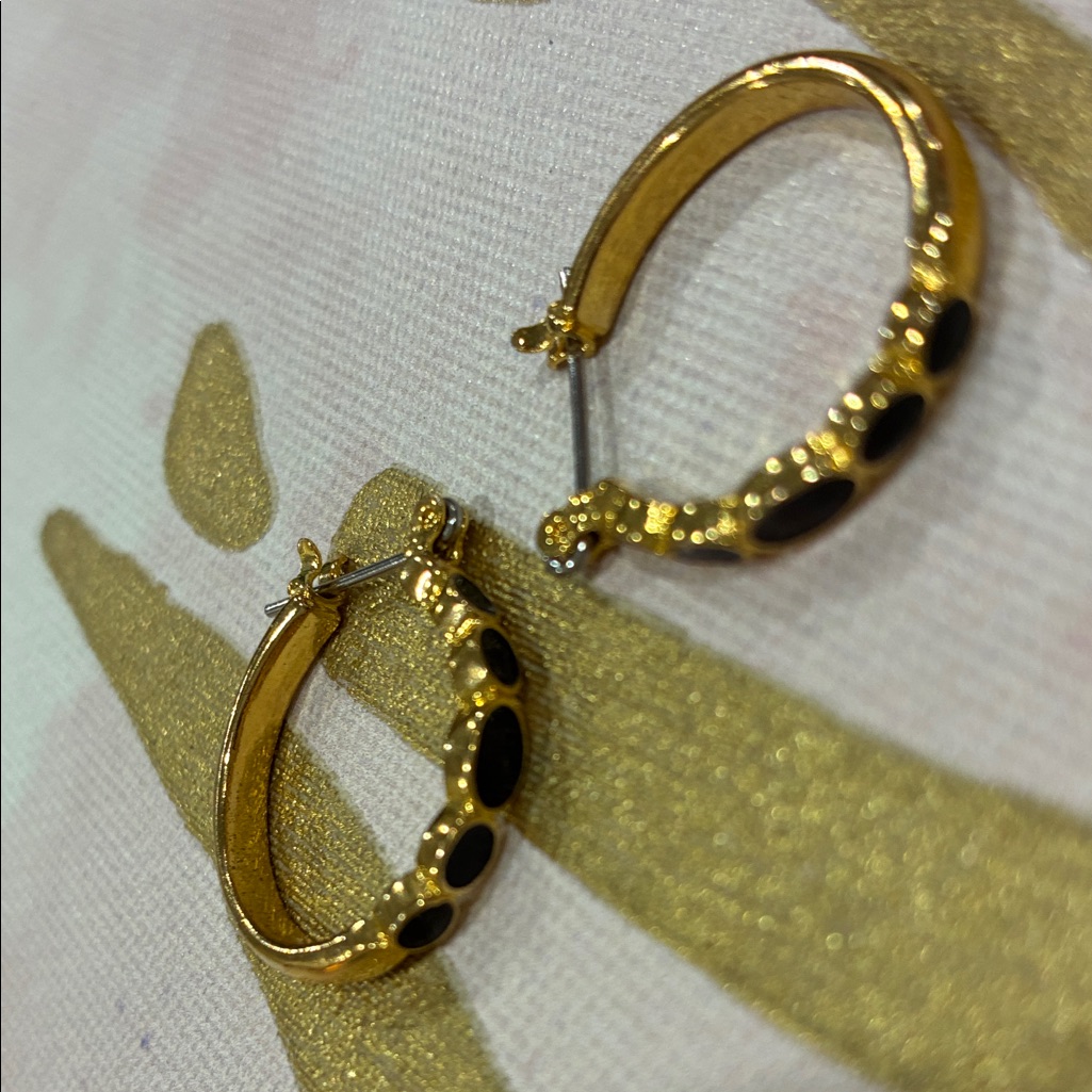 Elegant Gold Tone And Black Enamel Hoop Earrings